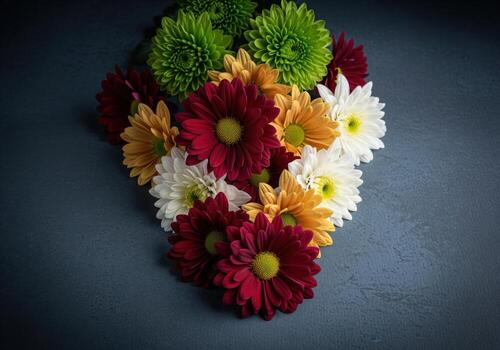 Elegant cluster of colorful chrysanthemums arranged in a cascading pattern on a dark background photo