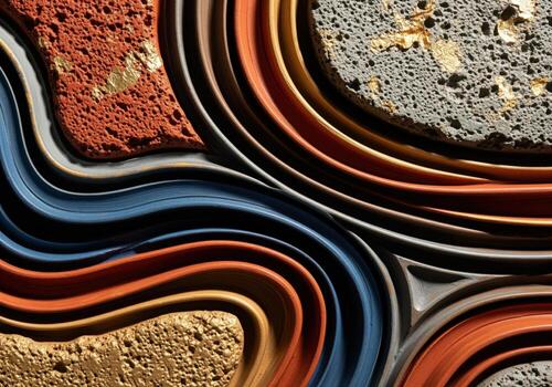 Abstract three dimensional relief art with textured organic shapes, fluid wavy lines and gold photo