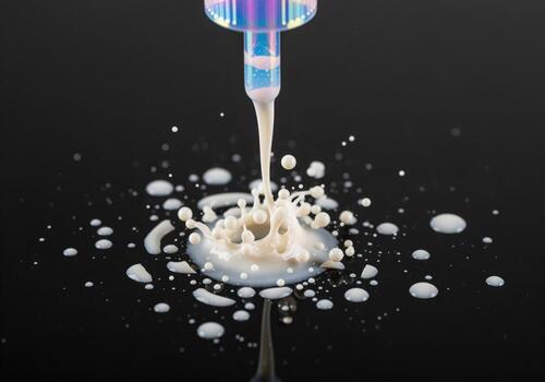 High speed capture of thick pearlescent white liquid splashing from a dropper photo