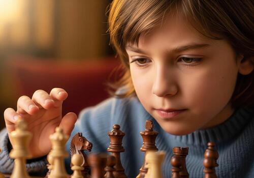 Young boy intensely focused on chess game, contemplating next strategic move photo