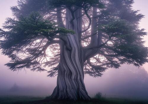 Ancient gnarled cedar tree with twisted trunk in ethereal misty dawn landscape photo