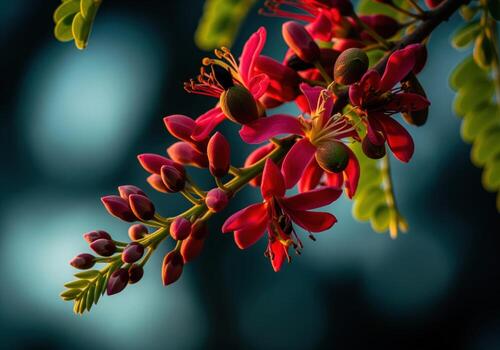 Vibrant crimson tamarind flowers and buds blooming on a branch, macro view photo