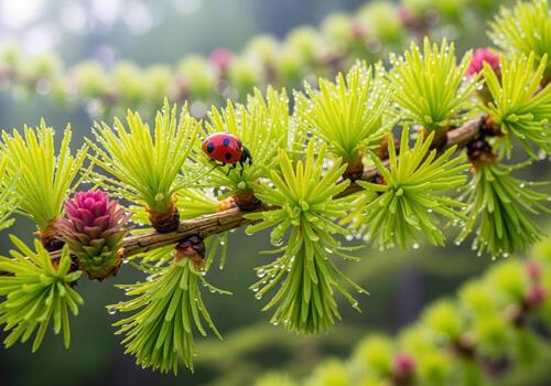 Enchanting macro of a ladybug on a vibrant larch branch with fresh green needles photo