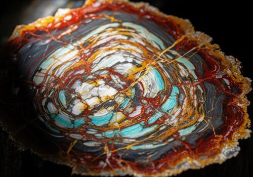 Petrified wood fossil close up with vibrant mineralized patterns and textures photo