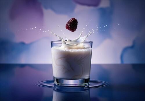 Fresh raspberry splashing into a glass of white milk with dynamic droplets and ripples photo