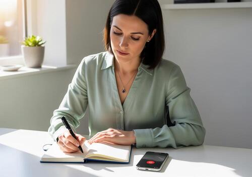Professional woman intently writing in a notebook at a bright desk with a phone photo
