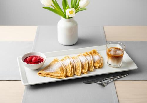 Delicate french crepes with powdered sugar, fresh raspberry jam, and refreshing iced coffee photo