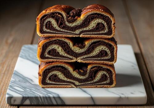 simétrico apilar de Rico oscuro chocolate babka rebanadas en un mármol tablero foto