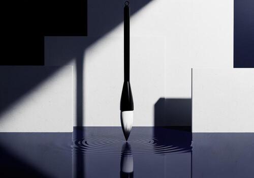 Minimalist calligraphy brush touching dark water creating ripples with elegant shadows photo