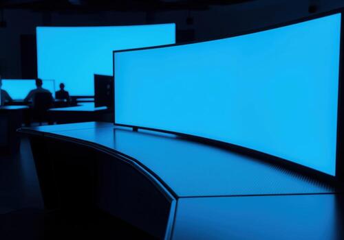 High tech control room with wide curved blue screen for advanced data visualization photo