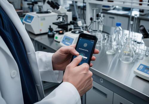 Scientist authenticating smartphone with fingerprint in a high tech research laboratory photo