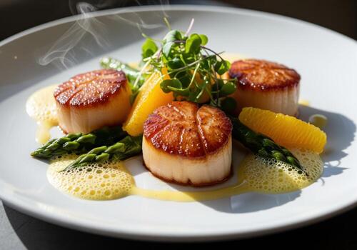 Perfectly seared scallops with asparagus, orange, and delicate emulsion photo