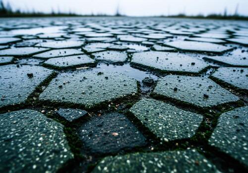 Textured wet concrete pavement with intricate cracks and hexagonal patterns photo
