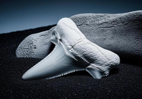 Ancient bleached white fossilized shark tooth with serrated edges photo