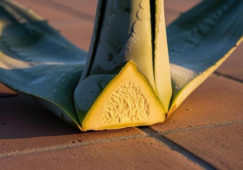 Agave leaf cross section with intricate fibrous texture in warm natural light. photo