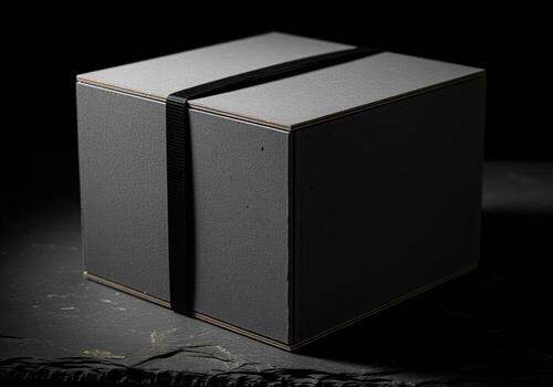 Sleek dark gray fiberboard shipping box with black strap for secure transport photo