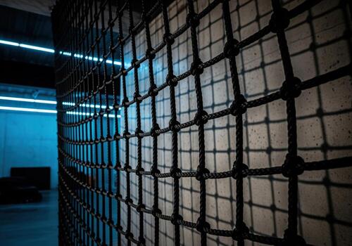 Heavy duty black rope net creating a grid pattern with cinematic lighting photo