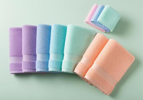 Neatly folded soft cotton towels in a pastel color gradient for bath and spa photo