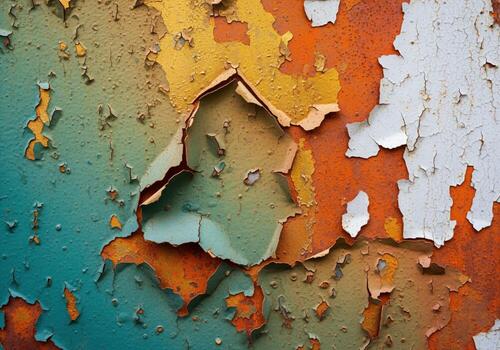 Vibrant abstract texture of peeling paint on a distressed multi tonal surface photo