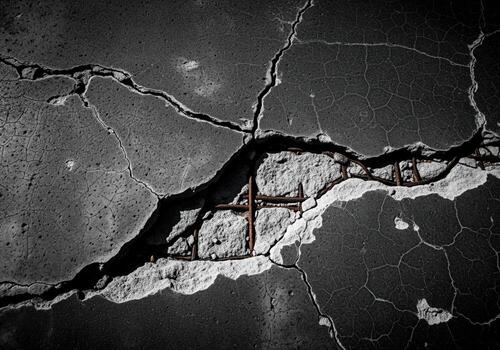 Severe concrete damage with exposed rusty rebar and intricate crack patterns photo