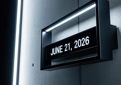 Sleek digital display showing june 21, 2026 in a modern black frame photo
