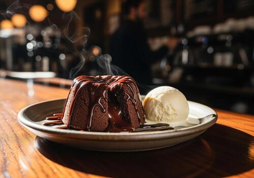 Decadent chocolate lava cake with warm gooey center and vanilla ice cream photo