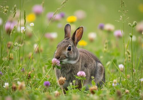 Fluffy cottontail bunny nibbling fresh clover in a vibrant wildflower meadow photo