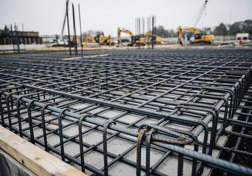 Reinforced concrete slab foundation with intricate steel rebar mesh at building site photo