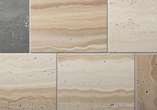 Pattern of square porcelain tiles with light beige and grey travertine texture photo
