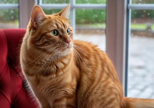 Majestic ginger tabby cat with green eyes sitting alertly by a window photo