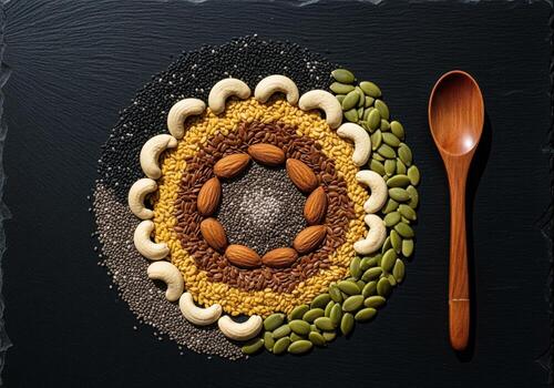 Nutrient rich seed and nut swirl with almonds, cashews, and a wooden spoon photo