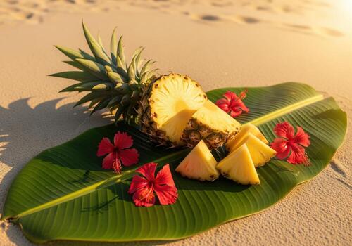 Freshly sliced pineapple with tropical hibiscus flowers on a banana leaf photo