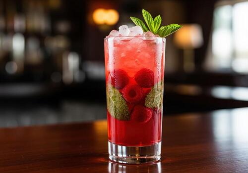 Refreshing raspberry and mint spritzer cocktail with ice on a bar counter photo
