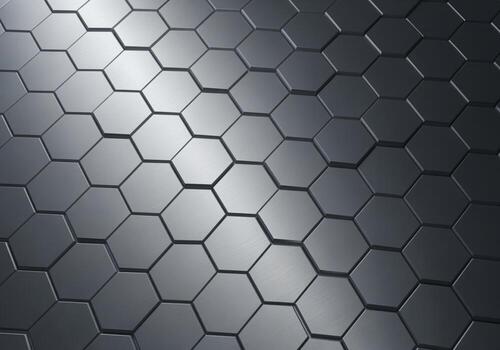 Abstract metallic hexagonal grid with shimmering silver reflections photo