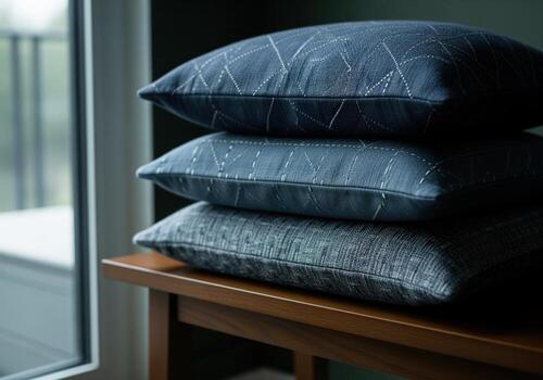 Stack of three square textured linen throw pillows in deep indigo and blue tones photo