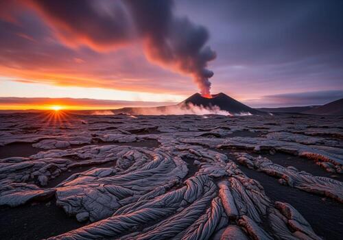 Dramatic sunset over active volcano eruption and textured solidified lava flows photo