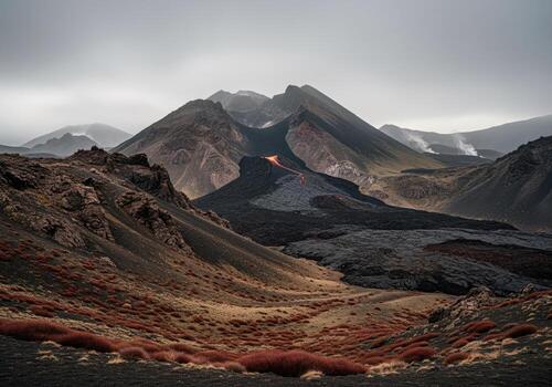 Dramatic volcanic landscape with glowing lava flow and dark mountains under overcast sky photo