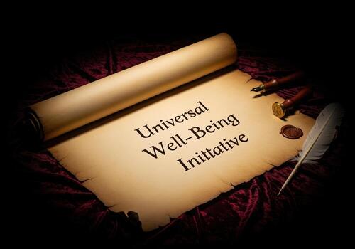 universal bien siendo iniciativa escrito en antiguo pergamino Desplazarse con pluma bolígrafo foto