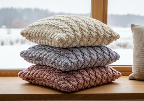Cozy stack of three cable knit pillows in soft colors on a wooden windowsill. photo