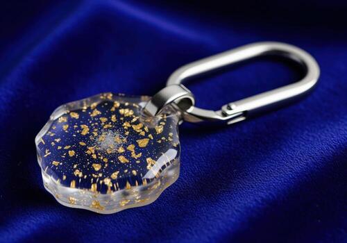 Luxury resin keychain with embedded gold flakes and shiny metal carabiner clip photo