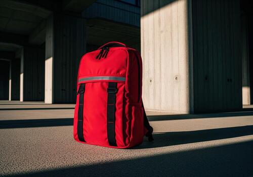 Sleek red nylon backpack with reflective strip in high contrast urban setting. photo