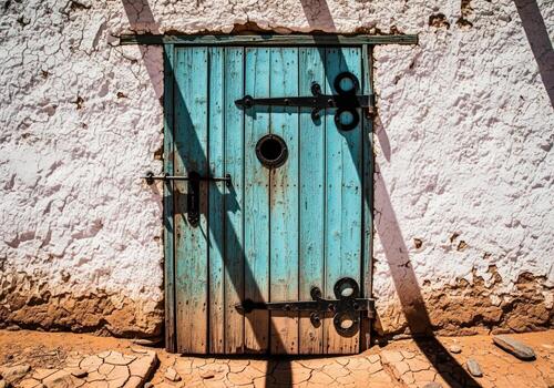 Weathered turquoise wooden door with rustic black iron hardware and circular window. photo