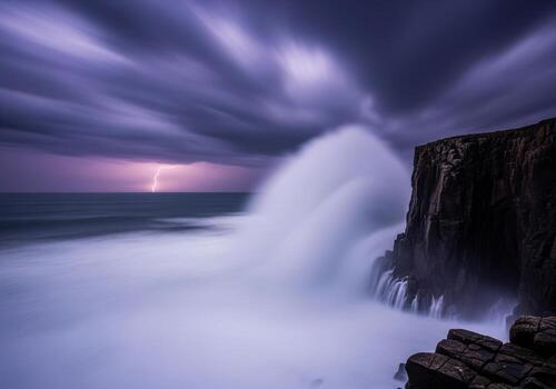 Powerful ocean wave crashing against dark cliffs during a dramatic lightning storm. photo