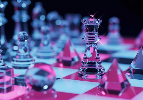 Crystal queen chess piece on a futuristic neon chessboard strategy game photo