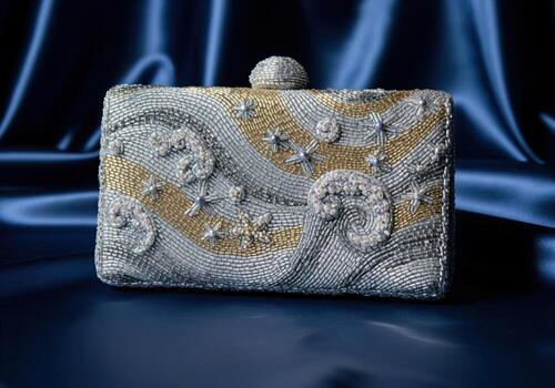 Luxurious silver and gold beaded evening clutch bag with intricate wavy pattern photo