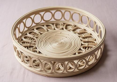 Stylish circular rattan serving tray featuring intricate woven patterns photo