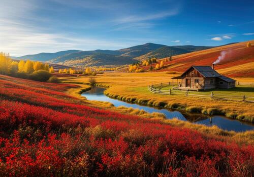 rústico Iniciar sesión cabina anidado en un vibrante otoño Valle con rojo prados y un devanado río foto
