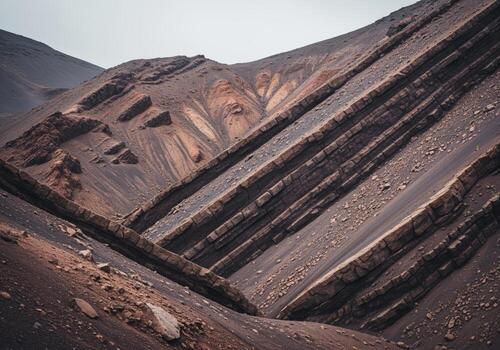Steeply angled sedimentary rock layers forming a dramatic geological pattern on a barren hillside. photo