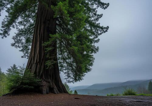 Towering giant redwood tree trunk dominating a misty, ancient forest landscape. photo