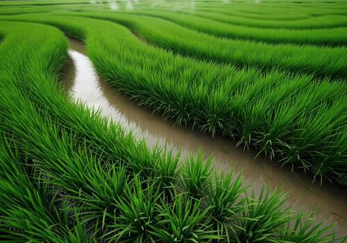 Lush emerald green rice paddies forming wavy patterns with flowing irrigation water. photo